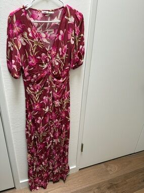 FAHERTY Pink Floral, tropical V-Neck Ruched Maxi Dress